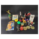 Box of toys, pins, and buttons