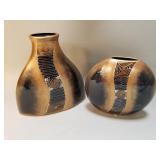 Signed geometric black and gold ceramic vase set