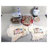 Box of misc decanters, leather decoration, wall