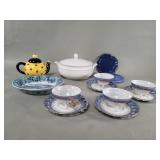Porcelain cups and saucers, tureen, ceramic teapot