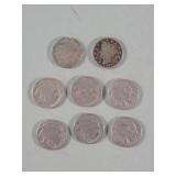 Six buffalo head nickles and two liberty head
