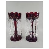 Pair of antique ruby red glass lustres with