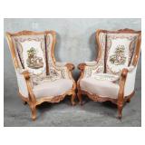 Pair French-style wingback needlepoint armchairs