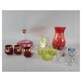 Hand blown glasses, decanter missing stopper,