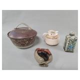 Vintage pottery covered bowl, signed pitcher, etc