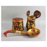 Group of Russian hand painted Khokhloma woodware