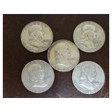 5 Franklin silver half dollar coins; 1951-S,