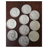 10 Franklin silver half dollar coins; 1954-D,