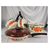 4pc 1970s Sanko enamel cookware