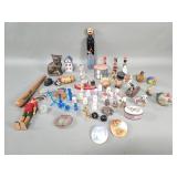 Thimbles, glass figurines & brass cat figure