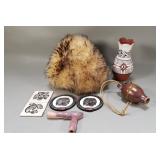 Vintage shearling hat, Native American vase,