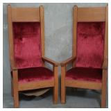 Pair of vintage oak upholstered throne chairs