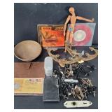Glass drawer knobs, copper bowl, pocket knife,