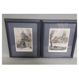 Pair of Paul Geissler hand-colored etchings