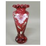 Signed Fenton hand painted cranberry glass vase