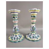 Pair of hand painted majolica ceramic candle-