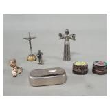Pair of silver plate and porcelain shard pill