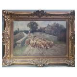 Signed oil on canvas pastoral genre painting