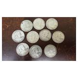 10 Franklin silver half dollar coins 1951, 1952-D