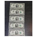 5 US $2 bills 1976 Bicentennial