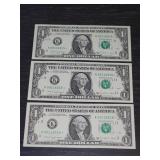 3 U.S. 1988 sequential $1 uncirculated star notes