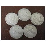 5 Franklin silver half dollar coins; 1957-D,