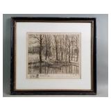 Signed vintage Amï¿½dï¿½e Fï¿½au etching 'Les Peupliers'