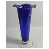 Vintage cobalt hand-blown trumpet art glass vase