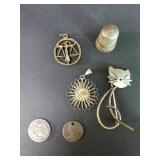 Vintage silver cat brooch, thimble & pendants