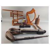 Group of wood, harp decoration, bud vase, ladle,