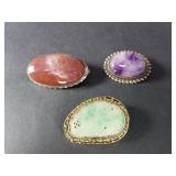 Amethyst, agate & jadeite brooches in silver