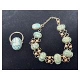 Silver and turquoise scarab bracelet and ring