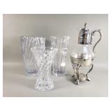 Three glass vases, and carafe