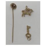 14k gold stick pin, key & Sagittarius pendants