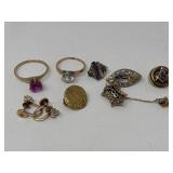 10k gold pins, rings, earrings & necklace