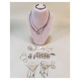 Silver bracelets, earrings, necklace, charms