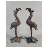 Pair of vintage brass crane and turtle