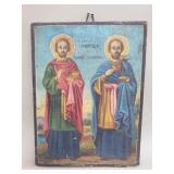 Vintage Greek Orthodox icon of saints on board