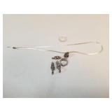 Sterling silver pieces, clasps, pin back, chain,