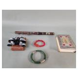 Teak and brass flute, pocket binoculars, Judaica