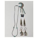 Silver necklace with turquoise, pendant, earrings,