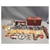 Box of miscellaneous, flatware, patches carved