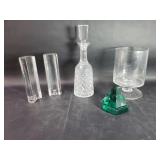 Group of crystal candle holders, decanter, and