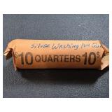 Roll of 40 Washington silver quarter coins.