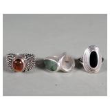 Three vintage sterling silver, onyx, amber,