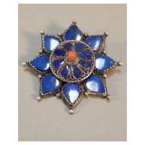 Silver, lapis lazuli & coral star brooch pendant
