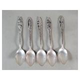 Five sterling silver souvenir spoons