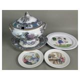 Group of porcelain soup tureen and plates