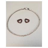 Sterling anklet / bracelet with 2 garnet hearts