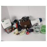Binoculars, various vintage items, flags,